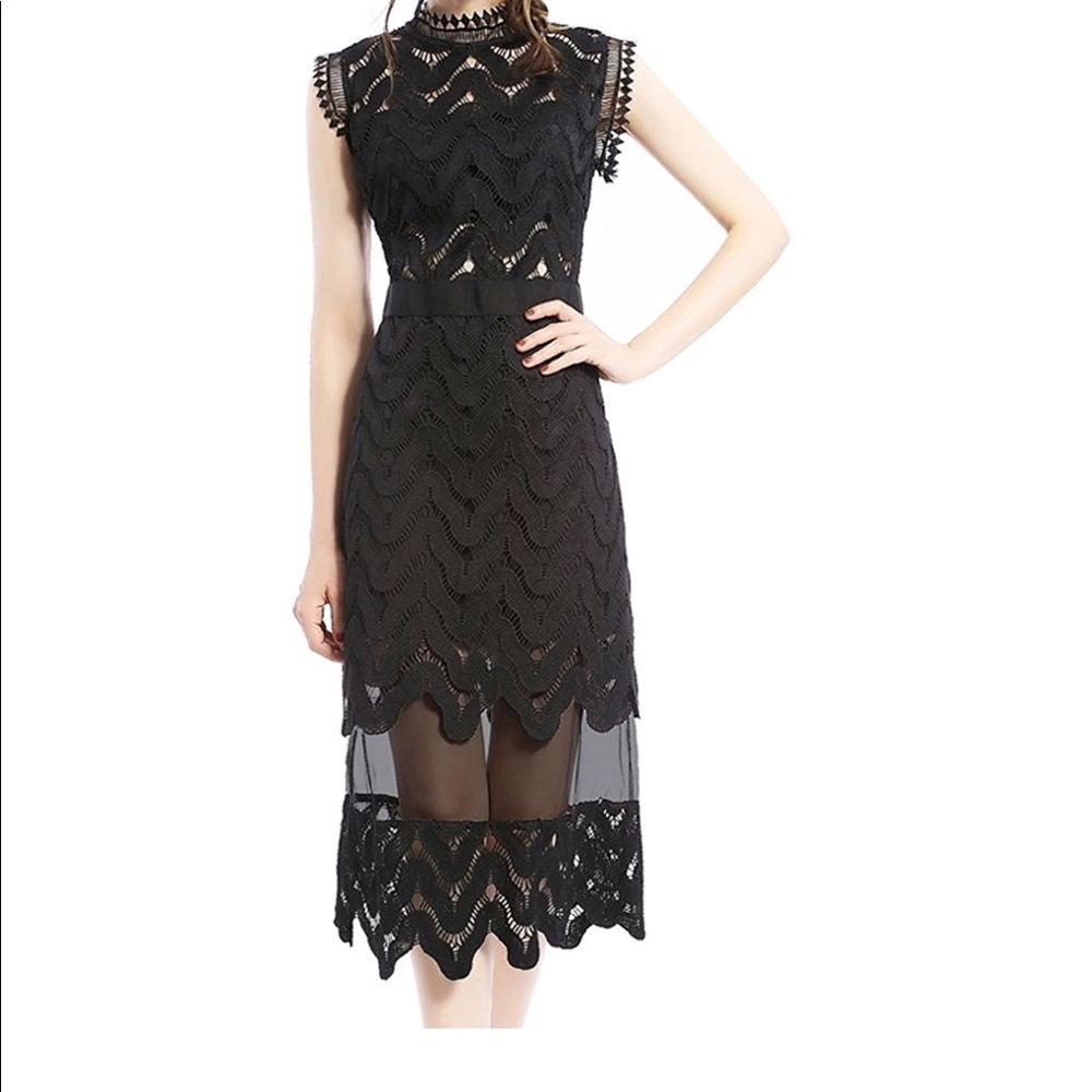 Black Lace Crochet Midi Dress NWT